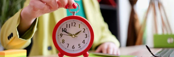 Businesswoman Holding Red Alarm Clock Workplace Time Management Personal Efficiency — стоковое фото