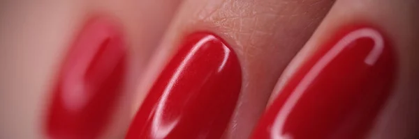 Red Bright Glossy Nails Female Nails Female Manicure Concept — Fotografia de Stock