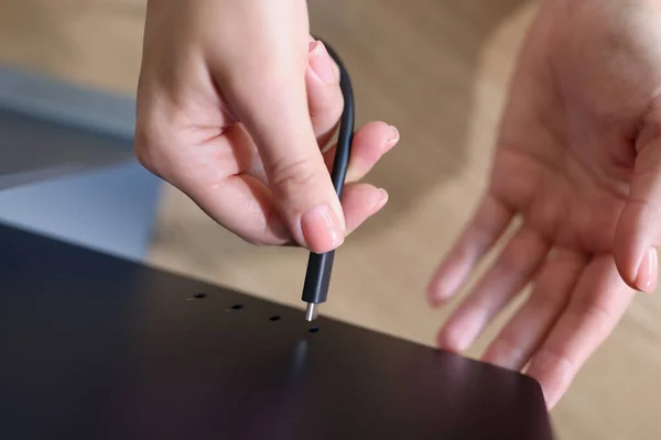 Top View Woman Hands Connecting Laptop Screen Using Cable Female — Stock Photo, Image