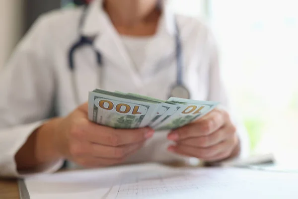 Close Woman Practitioner Holding Counting Banknotes Hands Medical Staff Salary — Stock Photo, Image