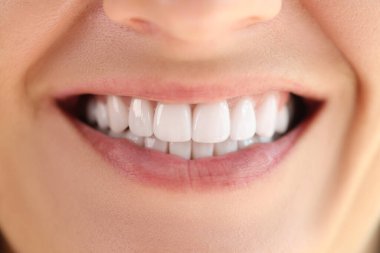 Close-up of healthy smooth white teeth smile. Concept of dentistry and dental health care.