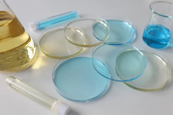 Laboratory glassware with colored liquids on lab table close up. Scientific research concept.