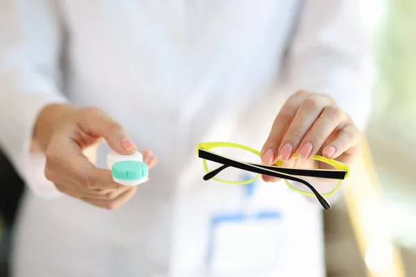 Close Female Doctor Hands Holding Pair Glasses Contact Lens Eyesight — стоковое фото