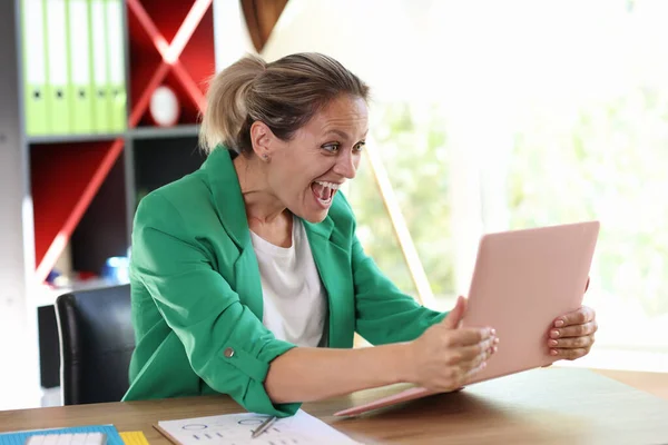 Portrait Smiling Excited Woman Holding Laptop Looking Screen Happiness Winner — стоковое фото