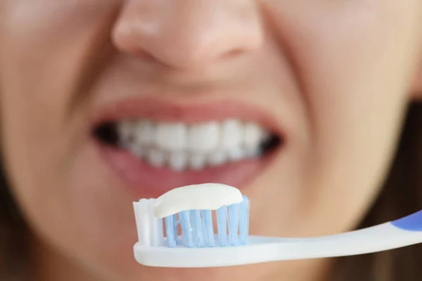 Close Woman Holding Tooth Brush Snow White Toothpaste Morning Hygiene — Stock Photo, Image