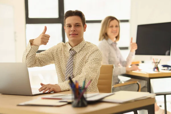 Two Managers Sitting Desks Office Showing Thumbs Gesture Concept Successful — ストック写真