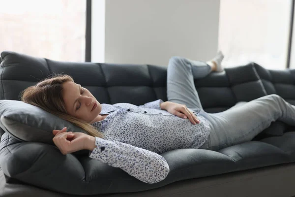 Woman Feels Tired Sleeps Sofa Home Lazy Housewife Relaxing Couch — Foto de Stock