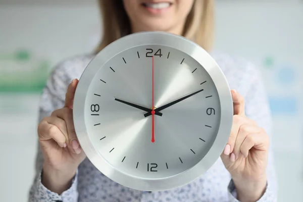 Woman Holds Clock Front Her Body Close Concept Time Passing — 스톡 사진