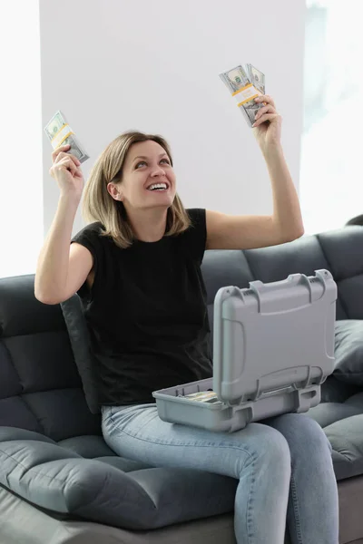 Excited Woman Stacks Dollar Banknotes Her Hand Suitcase Money Her — Stock Photo, Image