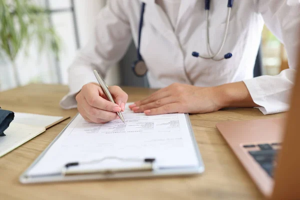 Doctor Working Medical Documents Clinic Nurse Does Paperwork Fills Out — Stock Photo, Image