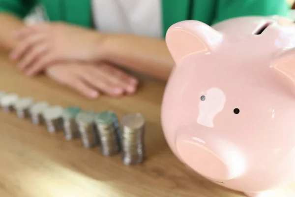Woman Sitting Table Stacks Coins Big Piggy Bank Counting Budget — Stock Photo, Image
