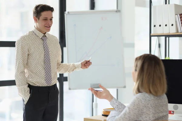 Male Manager Standing Whiteboard Graphs Office Planning Business Presentation Project — Stock Photo, Image