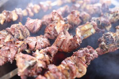 Sulu et dumanına bulanmış şişleri kapatın. Açık ateşte ızgara şiş kebap..