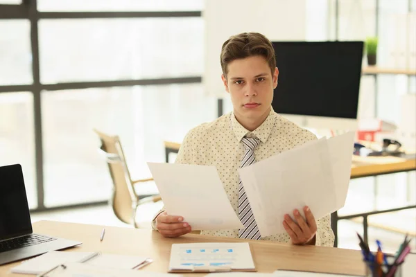 Serious Young Man Formal Outfit Holds Accounting Statistics Papers Looking — Stock Photo, Image