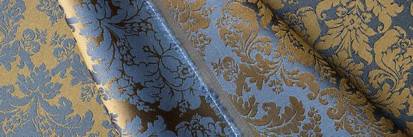 Vista Dall Alto Tessuto Blu Con Stampa Floreale Dorata Sfondo — Foto Stock