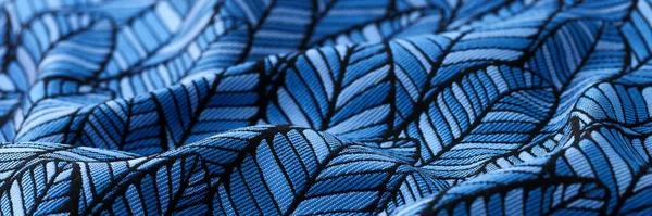 Primer Plano Tela Arrugada Azul Con Hojas Fondo Texturizado Impresión — Foto de Stock
