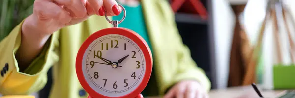 Close Businesswoman Holding Alarm Clock Hand Time Management Deadline Concept — 스톡 사진