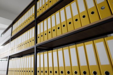 Dosya ve dokümanların bulunduğu sarı halka klasörleri raflarda uzun sıralar halinde duruyor. Modern ofisteki büyük raflarda organize dizin yapısı ve arşivi
