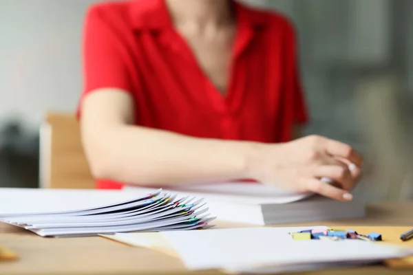 Female Office Worker Red Blouse Looks Documents Woman Works Papers — Stock Photo, Image