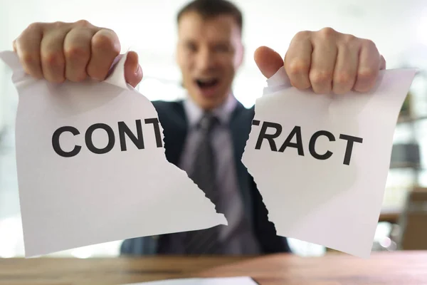 Angry Businessman Breaks Contract Displeased Man Holds Torn Sheet Paper — Stock Photo, Image