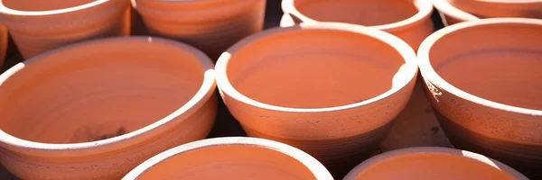 Close Empty Clay Flower Pots Greenhouse Hothouse Pots Planting Gardening — Foto de Stock