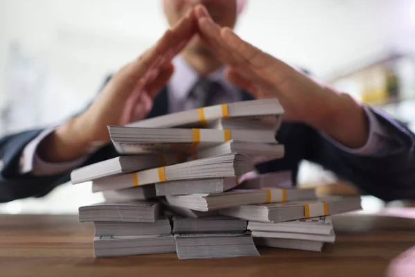Businessman Makes Pyramid Hands Stacks Money Cash Sitting Table Office — Stock Photo, Image