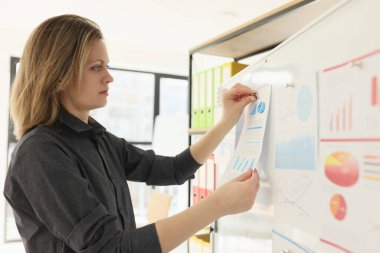 İş kadını, modern ofisteki beyaz tahtaya bilgi tablolarını iliştiriyor. Kadın iş sunumu için malzeme hazırlıyor