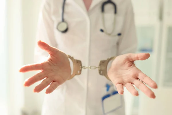 Close Doctor Stethoscope Handcuffs Nurse Metal Handcuffs Hands Medical Crime — Stock Photo, Image
