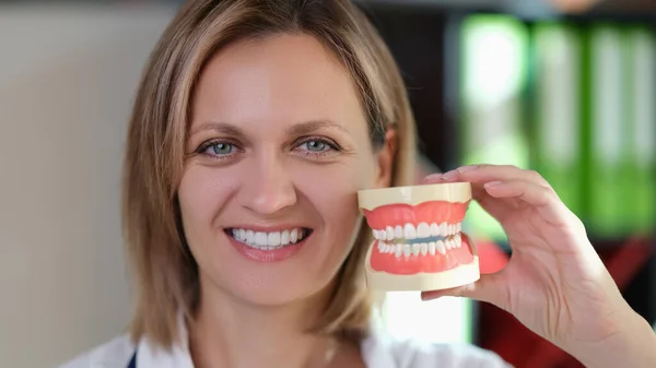 Närbild Leende Kvinna Stomatolog Visar Perfekt Tand Modell Tänder Tandreglering — Stockfoto