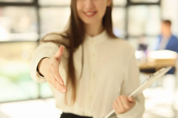 Großaufnahme Der Weiblichen Hand Zur Begrüßung Händeschütteln Händeschütteln Unterschreibt Konzept — Stockfoto