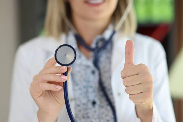 Portrait Physician Posing Clinic Office Stethoscope Showing Thumb Sign Medicine — Stock Photo, Image