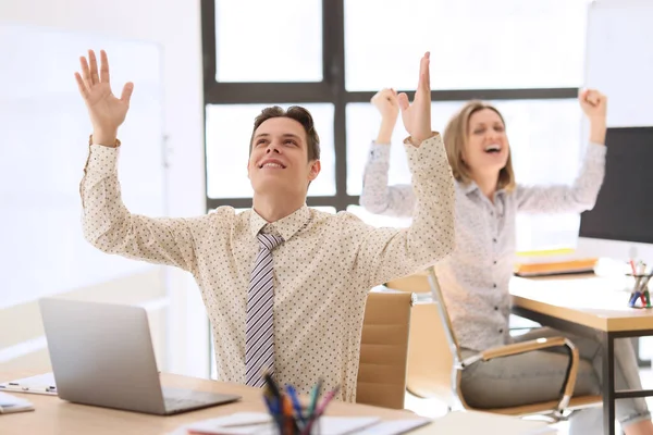 Cheerful Colleagues Raise Hands Looking Sitting Tables Man Woman Feel — Stock Photo, Image