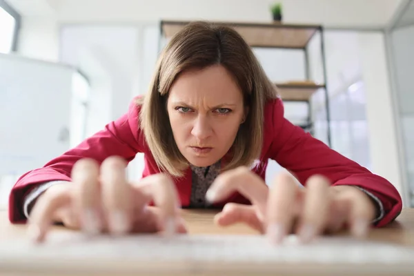 Aggressive Woman Types Keyboard Computer Office Irritated Female Employee Sits — Stock Photo, Image