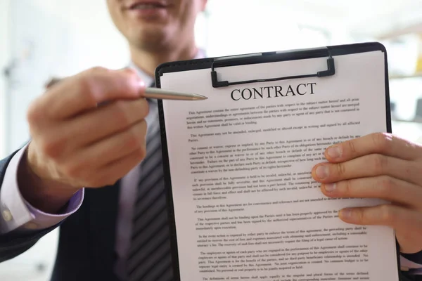 Smiling Manager Shows Contract Clipboard Partner Office Businessman Offers Read — Stock Photo, Image