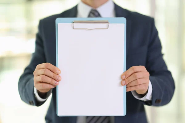Employee Shows Blank Paper Sheet Clipboard Company Office Manager Holds — Stock Photo, Image