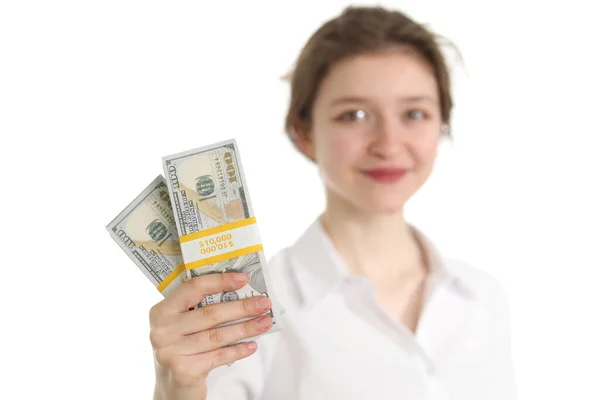 Smiling Young Woman Holds Stacks Dollars Female Bank Employee Issues — Stock Photo, Image