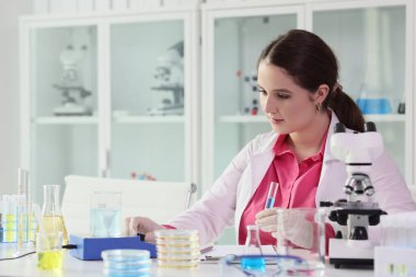 Kadın bilim adamı ışık laboratuarında ayırıcı hakkında detaylı araştırmalar yapıyor. Odaklanmış esmer kadın elinde mavi bir sıvıyla test tüpüyle masada oturuyor.