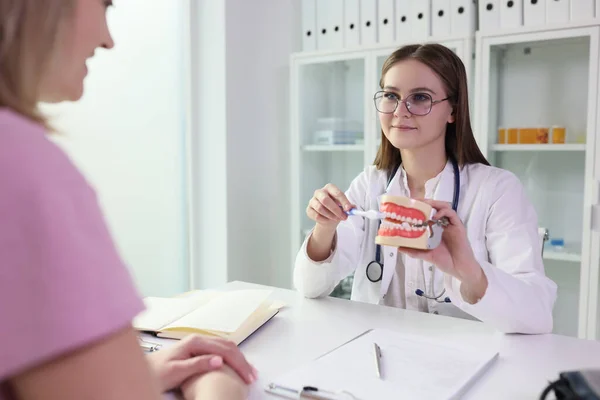 Médico Femenino Gafas Muestra Dientes Correctos Cepillado Modelo Mandíbula Paciente — Foto de Stock