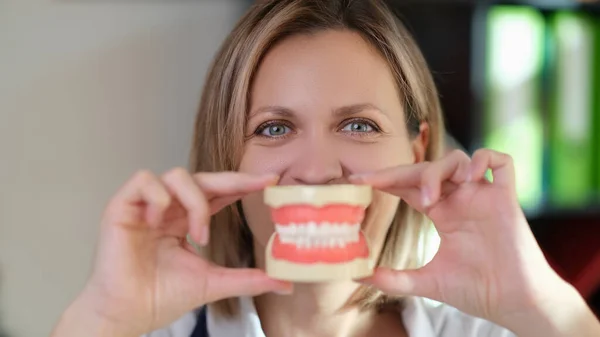 Positive Dentist Holds Human Jaws Model Face Hospital Doctor Shows — Stock Photo, Image