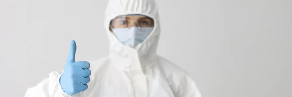 Portrait Woman Protective Respirator White Coverall Showing Thumb Sign Smart — Stock Fotó
