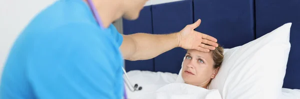 Portrait Doctor Touching Forehead Ill Woman Examining Patient Sick Female — Stockfoto