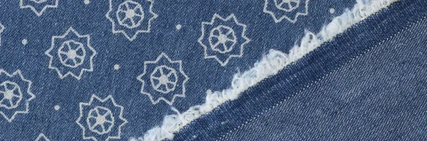 Top View Thin Blue Jeans Fabric White Print Pattern Smooth — Stok Foto