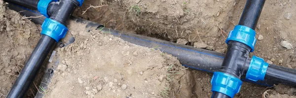 Close Underground Irrigation System Plumbing Water Drainage Installation Elbow Fitting — Stok fotoğraf