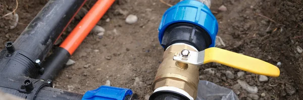 Close Underground Irrigation System Elbow Fitting Pvc Pipes Bend Yellow — ストック写真