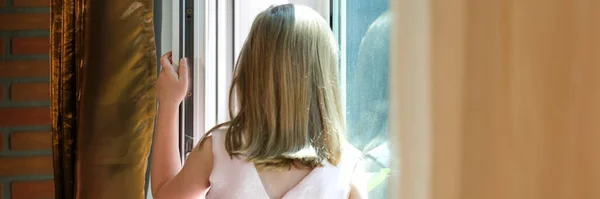 Close Girl Pink Dress Standing Windowsill Open Window Danger Falling — Stock Photo, Image