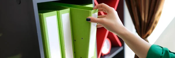 Close Woman Taking Green Folder Documents Shelf Archive Office Work — Stockfoto