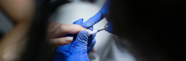 Close Manicurist Doing Hardware Manicure Woman Using Special Apparatus Beauty — Zdjęcie stockowe