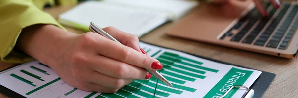 Close Office Manager Working Financial Report Typing Laptop Paperwork Chart — Fotografia de Stock