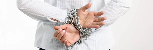 Close Female Hands Tied Metal Chain Backs Woman Slavery Human —  Fotos de Stock