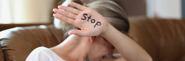 Portrait Woman Showing Palm Stop Lettering Protesting Domestic Violence Female — Stock Photo, Image